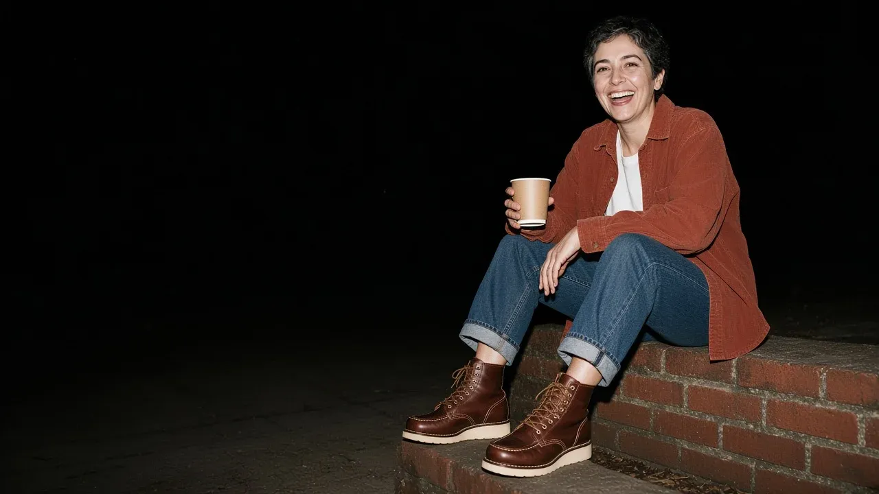 Alba Serrano laughing on a low brick wall at night with a paper coffee cup, in a rust corduroy shirt, cuffed jeans and dark brown moc toe boots on cream wedges