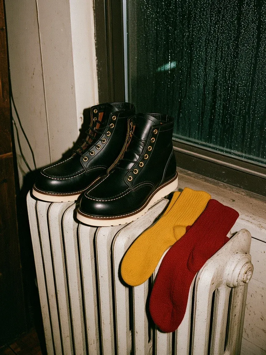 A pair of black moc toe boots on a white cast iron radiator next to yellow and red wool socks drying by a rainy window