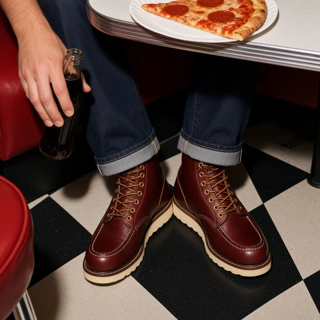 Oxblood moc toe boots with cream wedge soles on a checkerboard diner floor under a table with a slice of pizza and a cola bottle