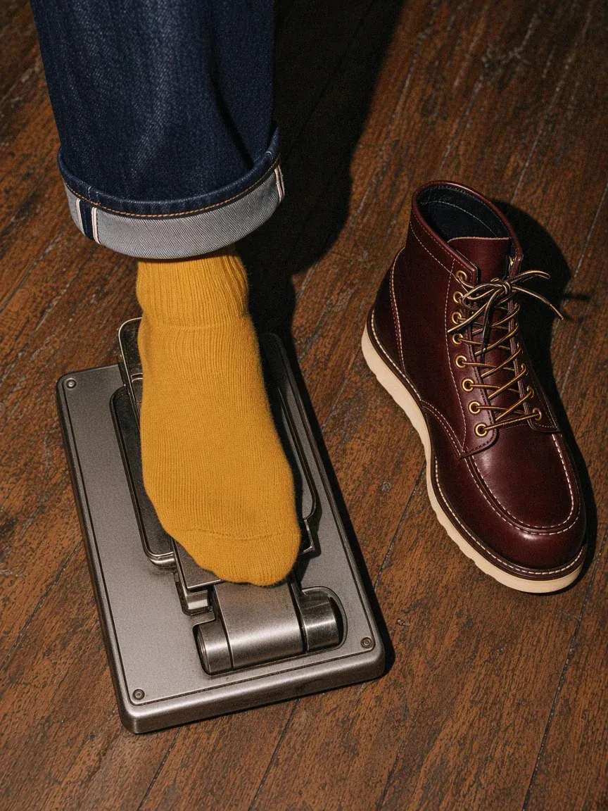 A foot in a mustard wool sock on a steel foot measuring plate beside an unlaced oxblood moc toe boot