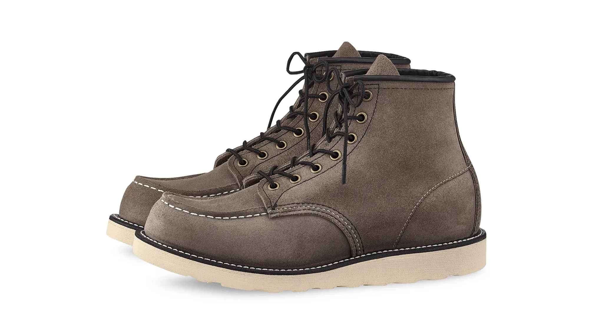 Slate grey roughout moc toe boot with black laces and a cream wedge sole