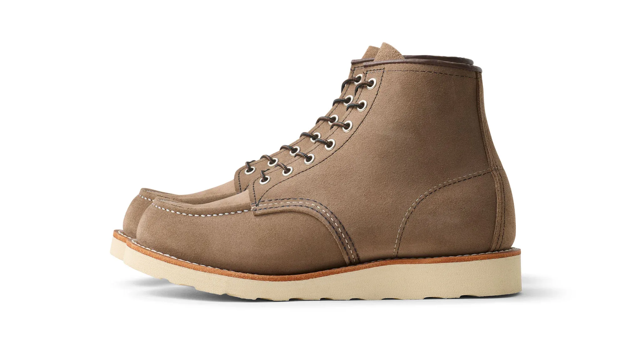 Taupe roughout moc toe boot with grey laces and a cream wedge sole