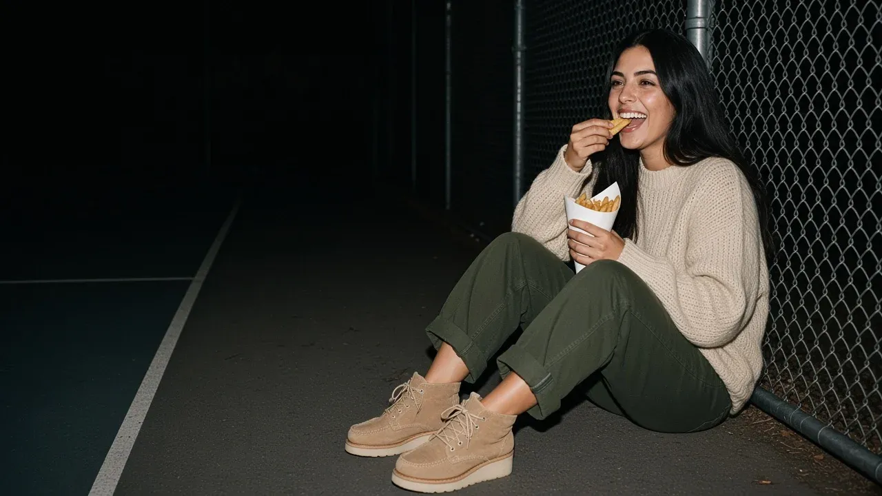 Lucía Ortega eating fries against a chain link fence by a court at night, in a cream knit sweater, olive trousers and sand suede moc toe boots
