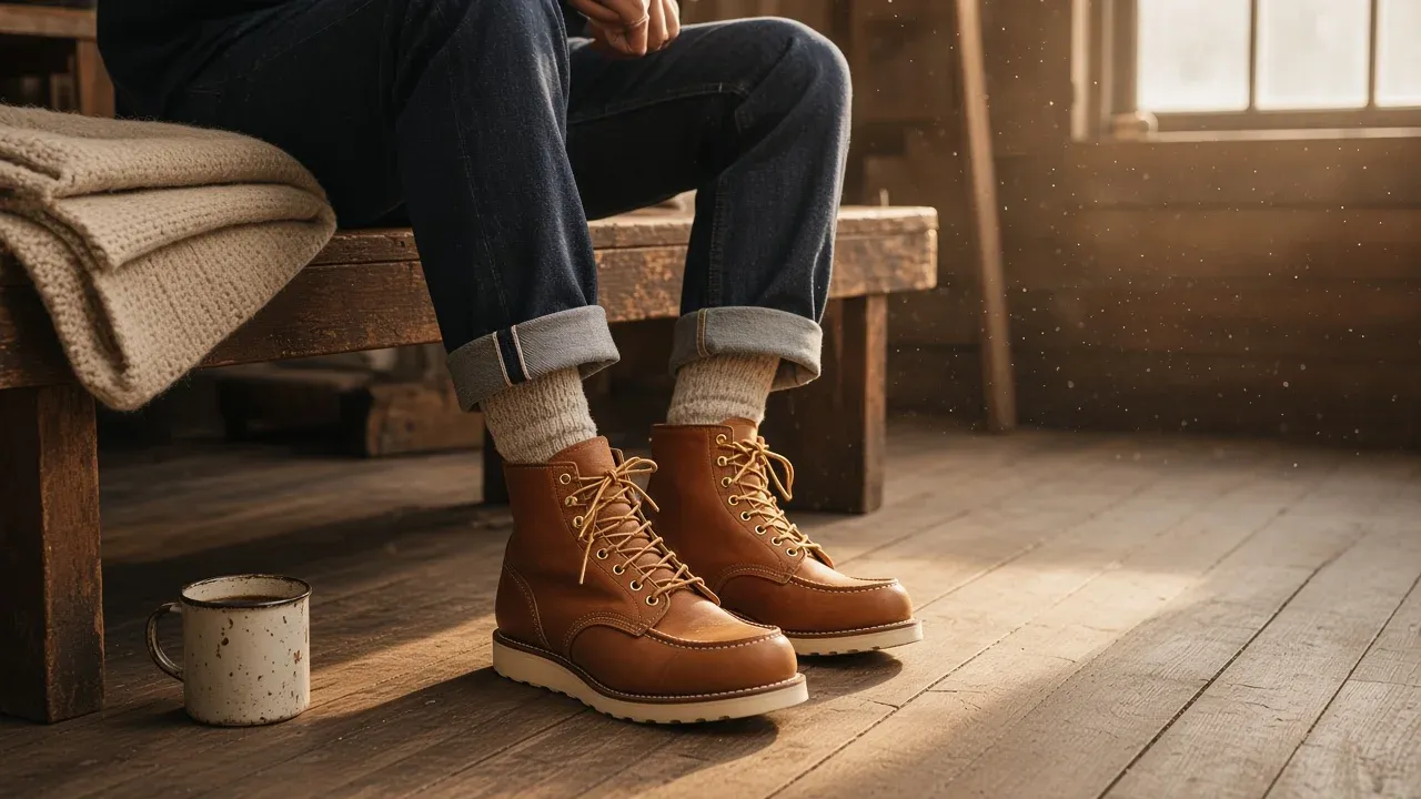 A man in cuffed selvedge jeans and wool socks sits on a wooden bench in tan moc toe boots with cream wedge soles, a wool blanket and an enamel mug beside him in warm window light