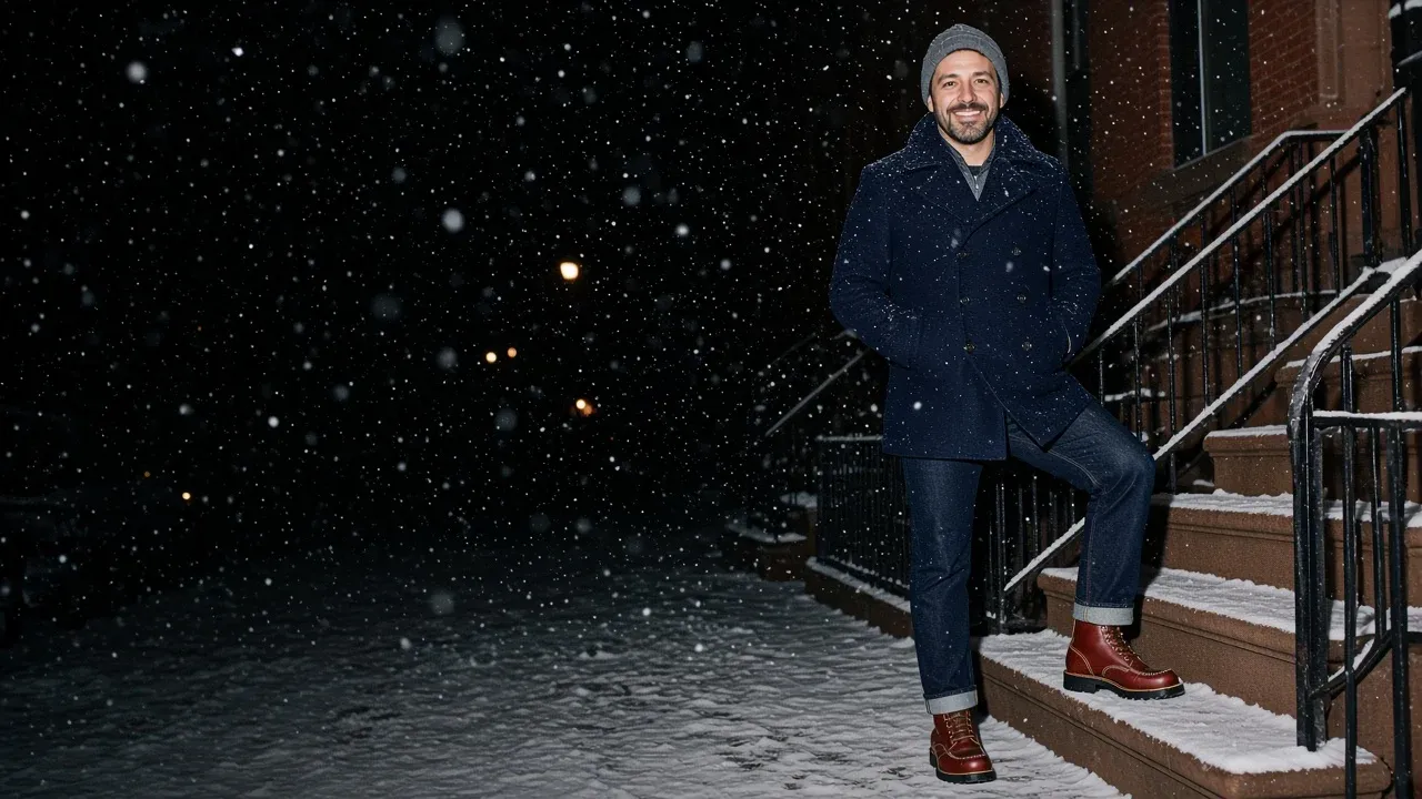 Marco Bianchi on a snowy brownstone stoop at night in a navy peacoat, grey beanie, cuffed denim and oxblood moc toe boots on lug soles