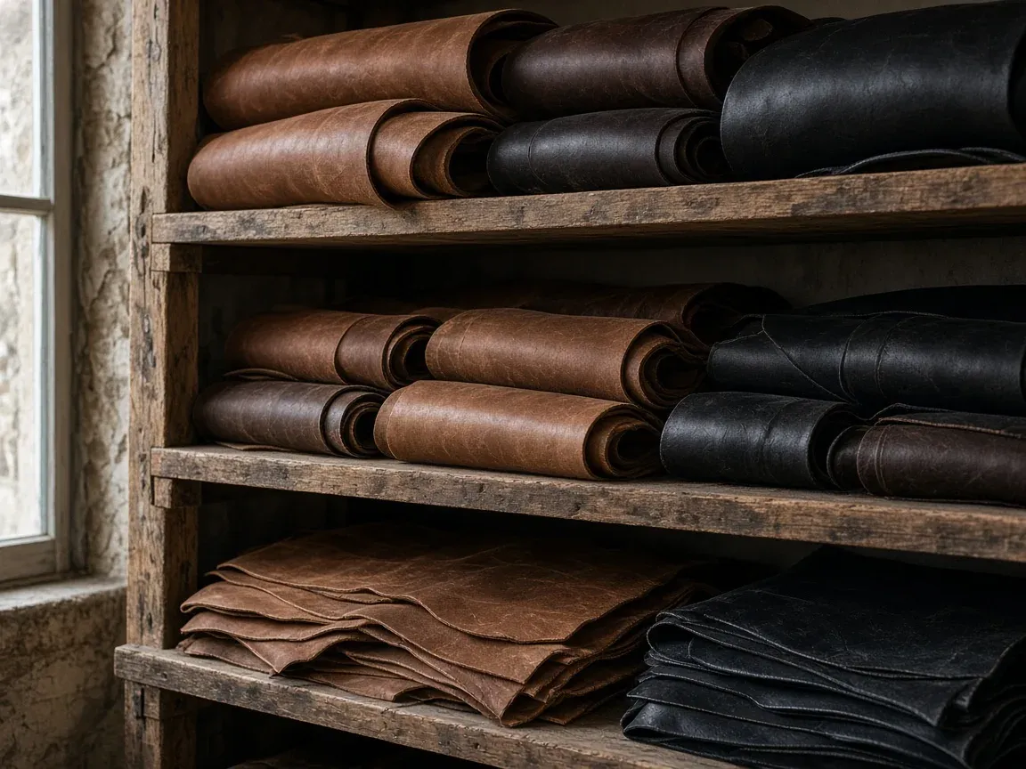 Rolls of brown and black leather on worn wooden shelves by a workshop window