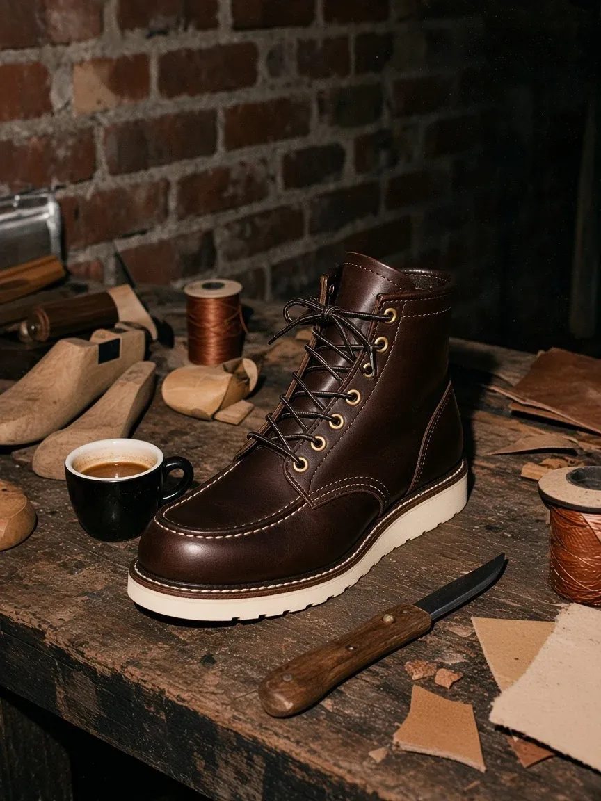 A dark brown moc toe boot with a cream wedge sole on a cluttered workbench with wooden lasts, waxed thread, a leather knife and an espresso