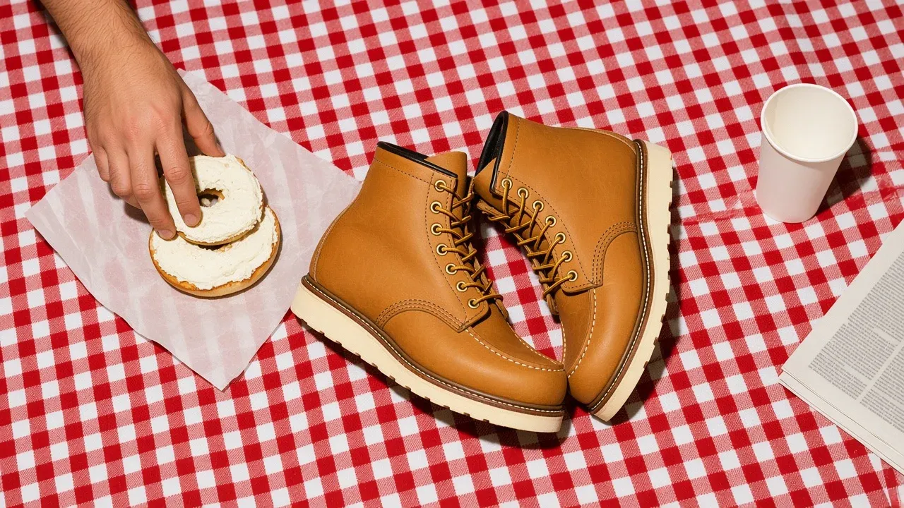 A pair of tan moc toe boots with cream wedge soles lying on a red gingham picnic blanket, a hand reaching for a cream cheese bagel beside a paper cup and a newspaper