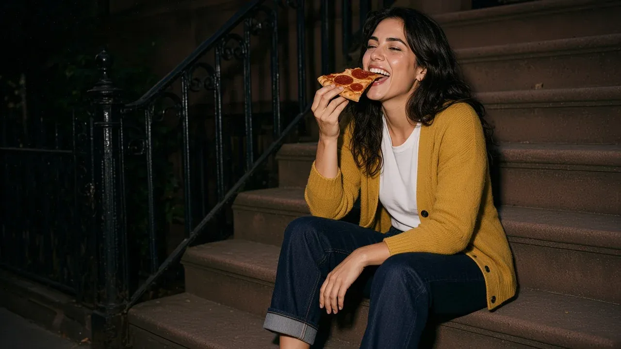 Chiara Conti laughing mid bite into a slice of pizza on a brownstone stoop at night, in a mustard cardigan and cuffed selvedge jeans