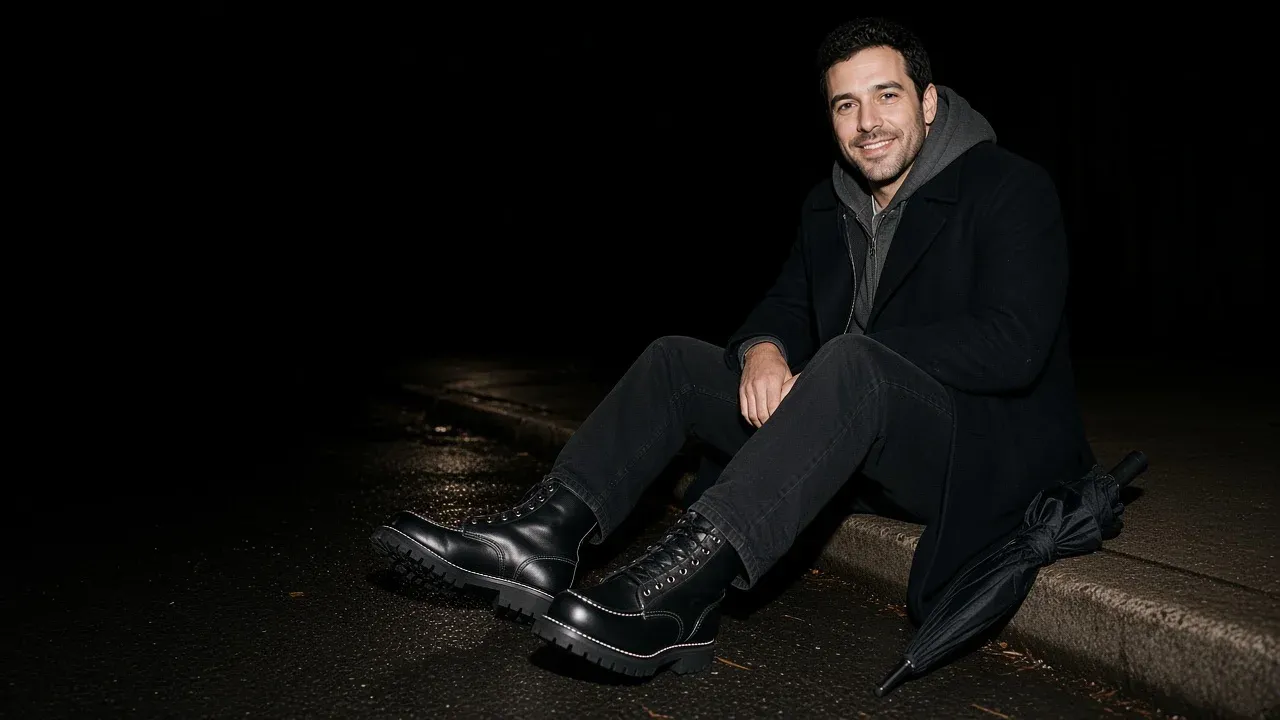 Javier Molina sitting on a wet curb at night in a black overcoat and grey hoodie, black moc toe boots on lug soles stretched toward the camera
