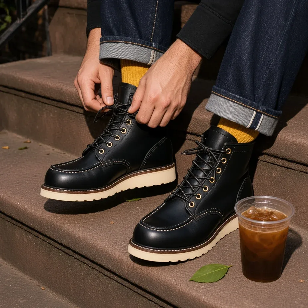 Hands lacing black moc toe boots with cream wedge soles on a brownstone stoop, yellow socks under cuffed selvedge jeans and an iced coffee on the step