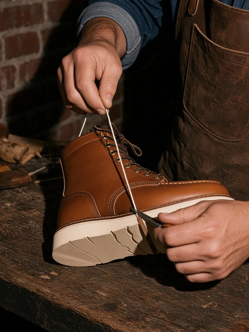A bootmaker's hands pulling waxed thread through the welt of a tan moc toe boot on a wooden bench