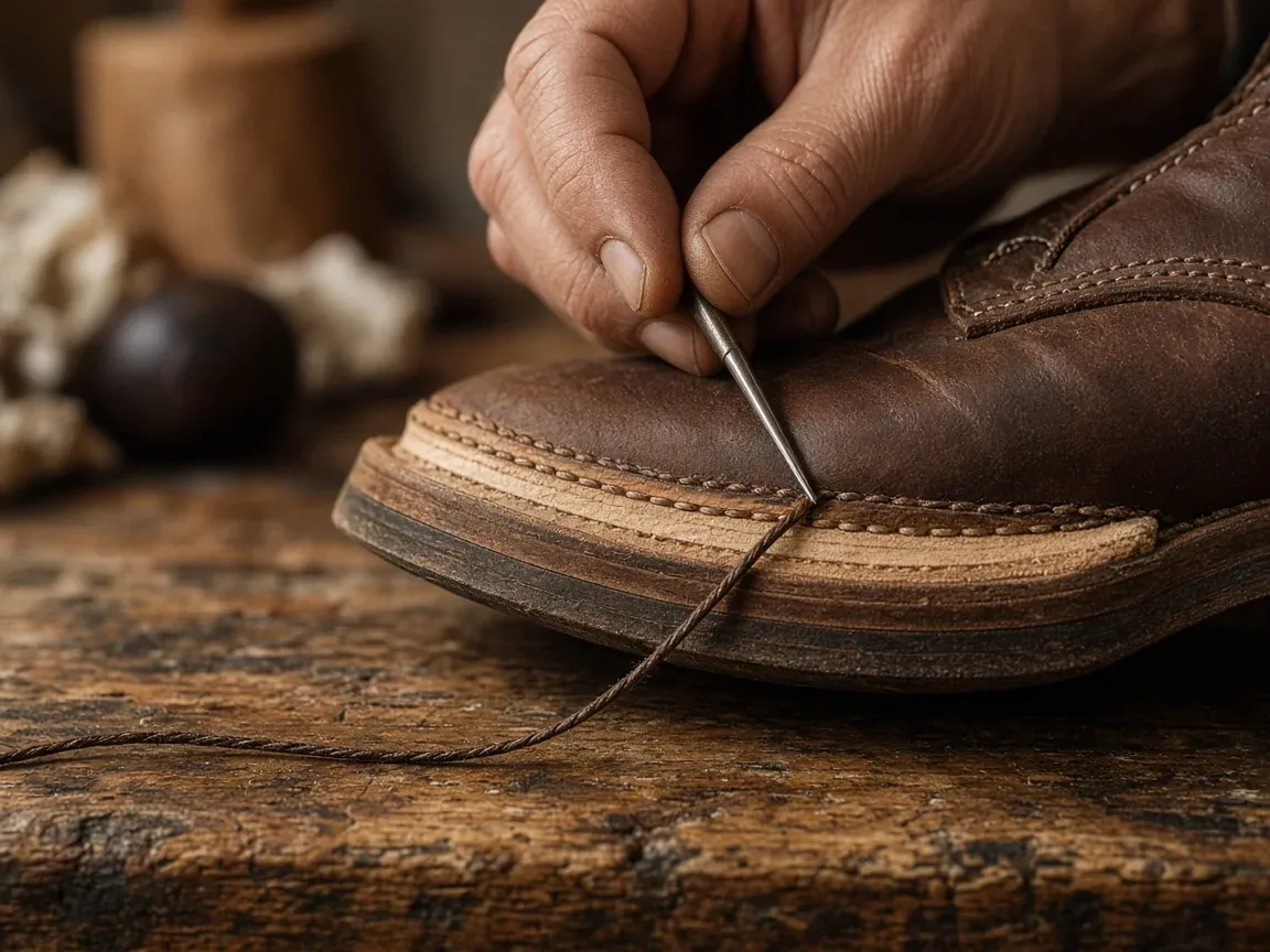 A hand stitching the welt of a brown leather boot with an awl on a worn bench