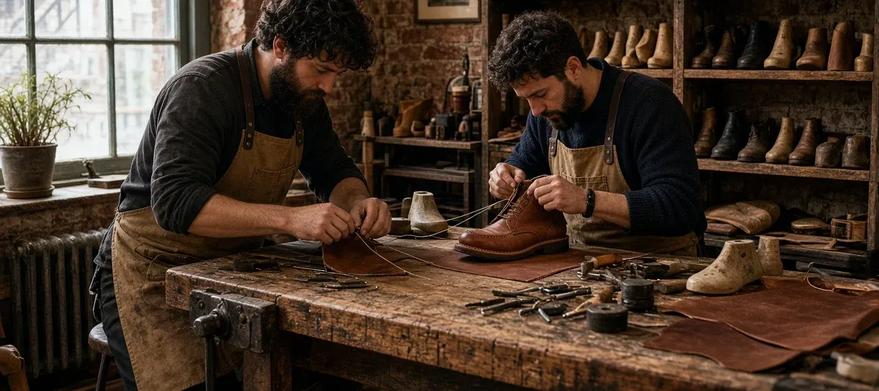 Two bearded makers in canvas aprons stitching brown leather moc toe boots at a worn wooden bench, shelves of boots and lasts behind them