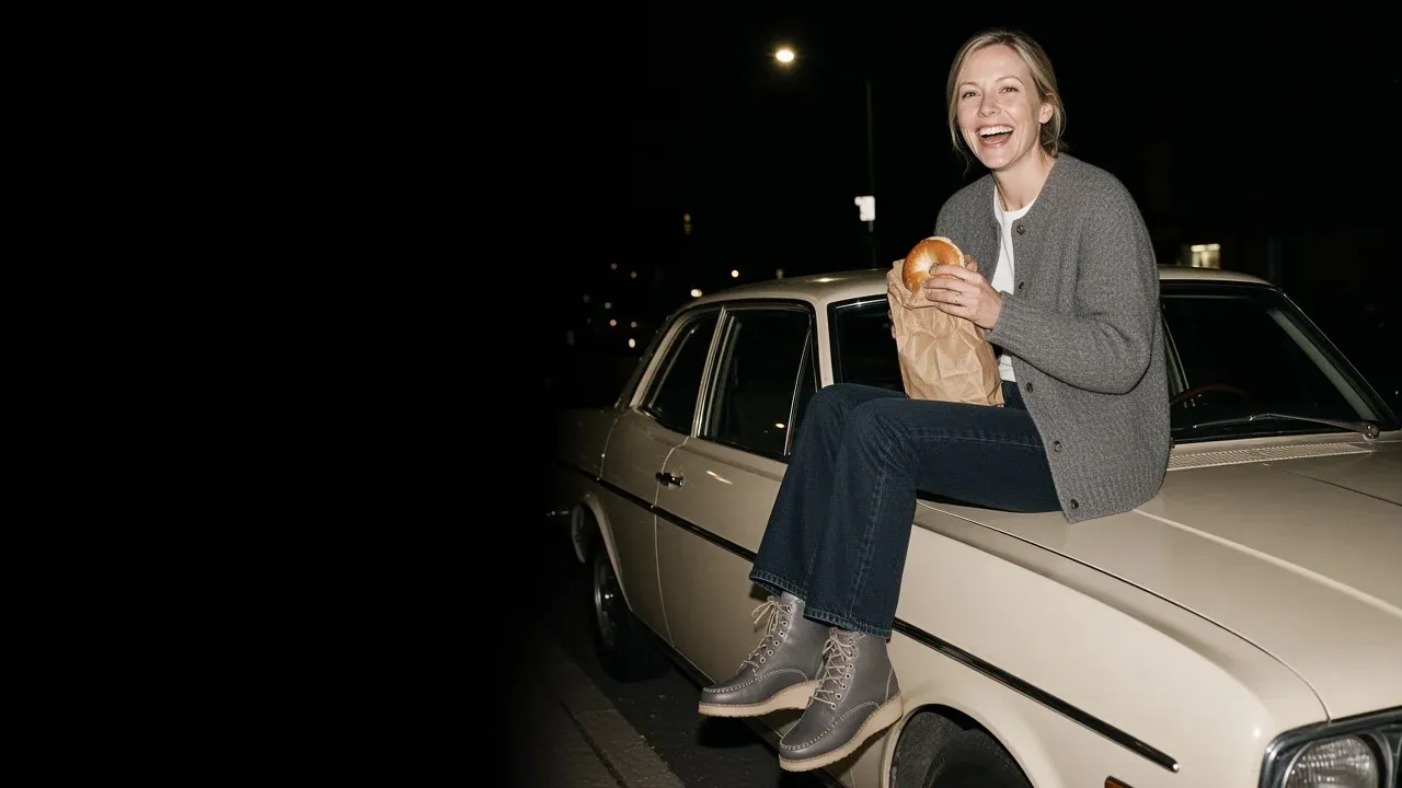 Linnea Berg laughing on the hood of an old cream car at night with a bagel, in a grey cardigan, dark jeans and grey moc toe boots on cream wedges